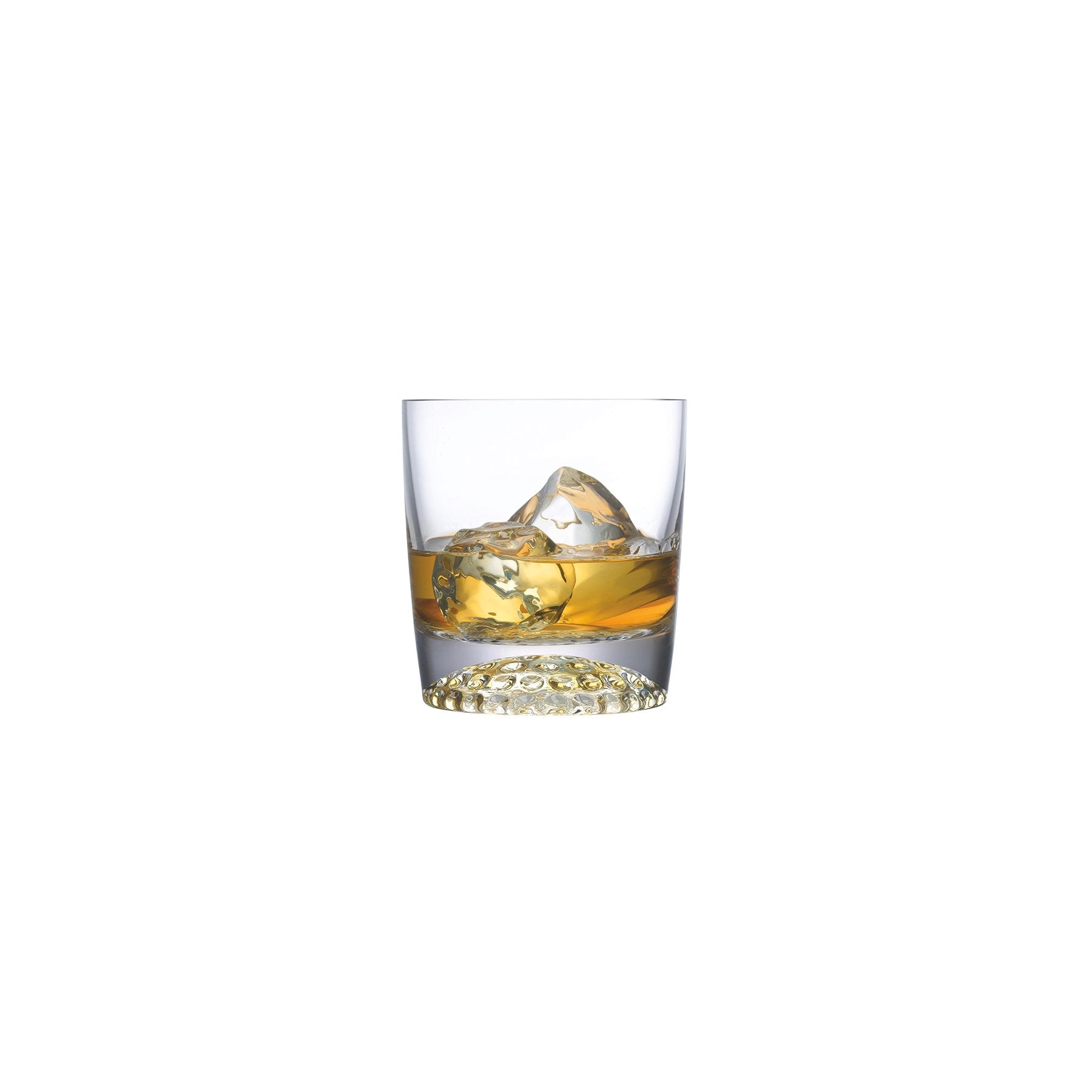 NUDE Ace whisy glass with golf pattern on the bottom filled with whisky