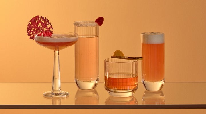 NUDE Bog Top cocktail collection existing out of a coupe glas, whisky dof glas and 2 sizes longdrink glass, all with a vertical ribbed design