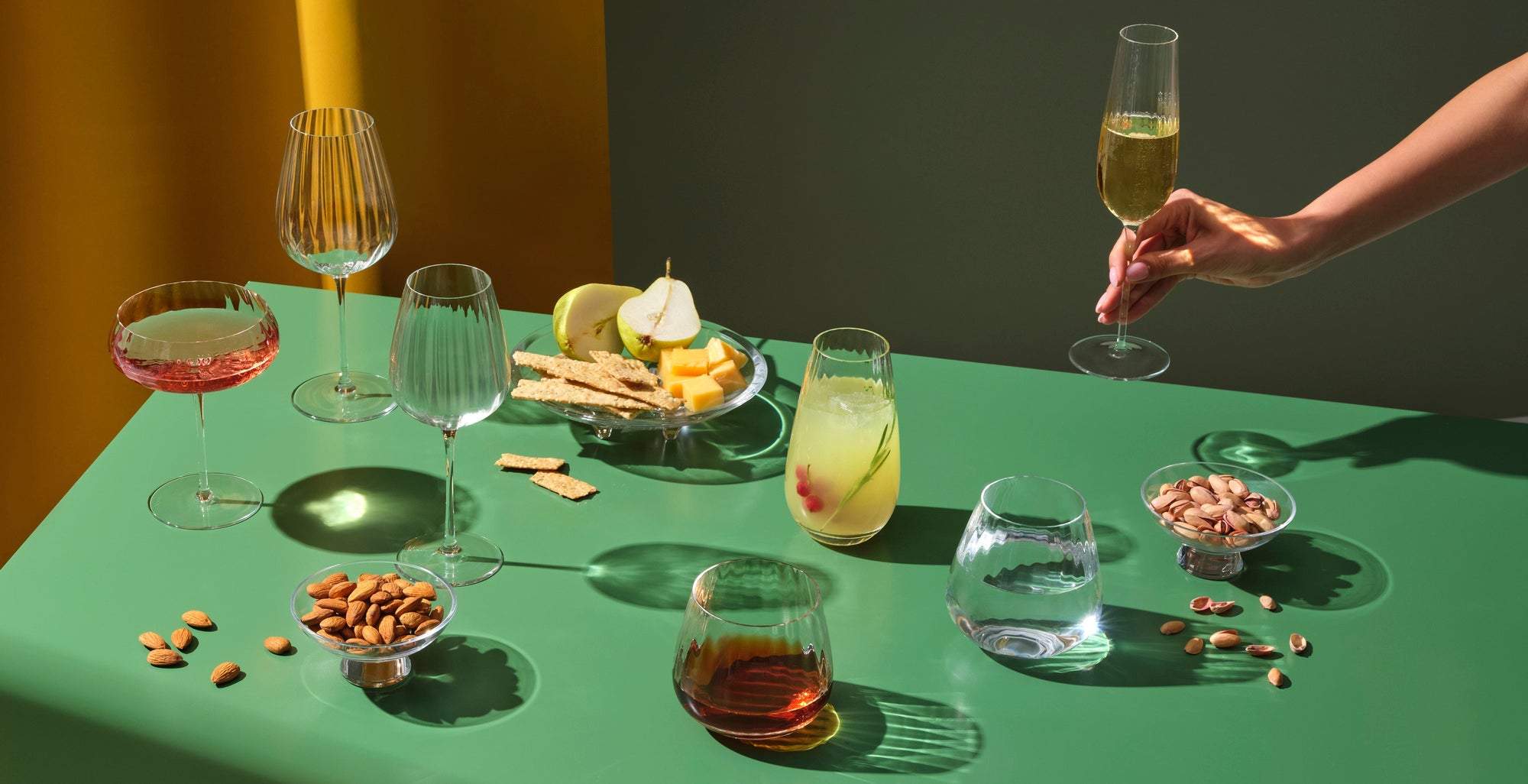 NUDE Round up glass collection, wine collection of red, white, sparkling and coupe glasses with a ribbled glass effect