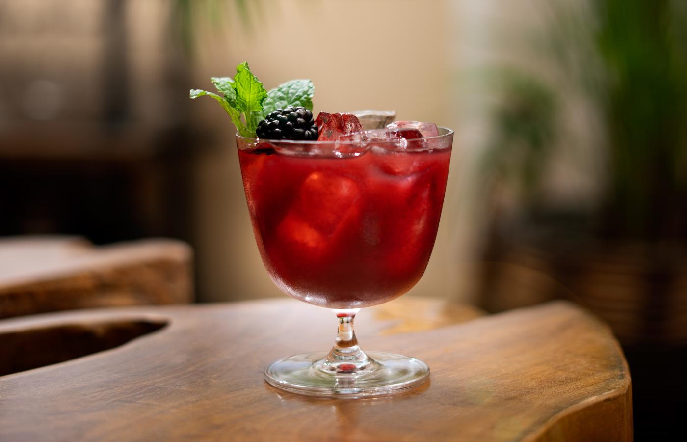 NUDE Bar/giani Short Cocktail Glass holding a blackberry smash mocktail by Murray Anderson, garnished with mint and blackberry