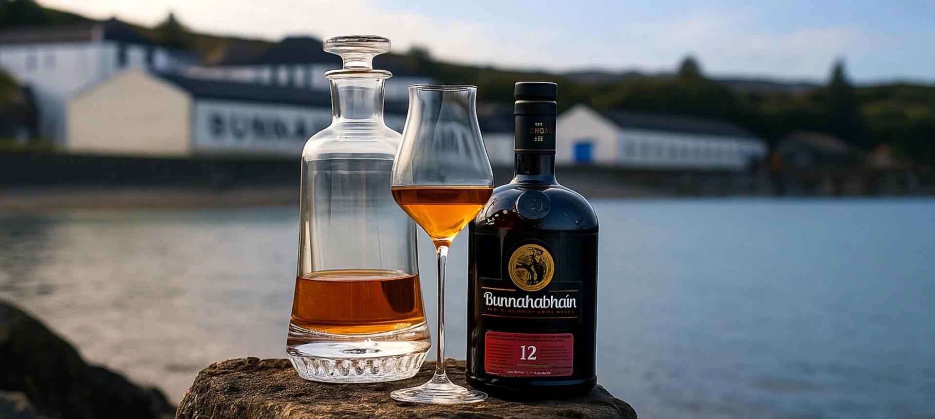Bottle of Bunnahabhain whisky and NUDE Glass Paris decanter with an Islands Tasting whiskey glass by a waterfront.