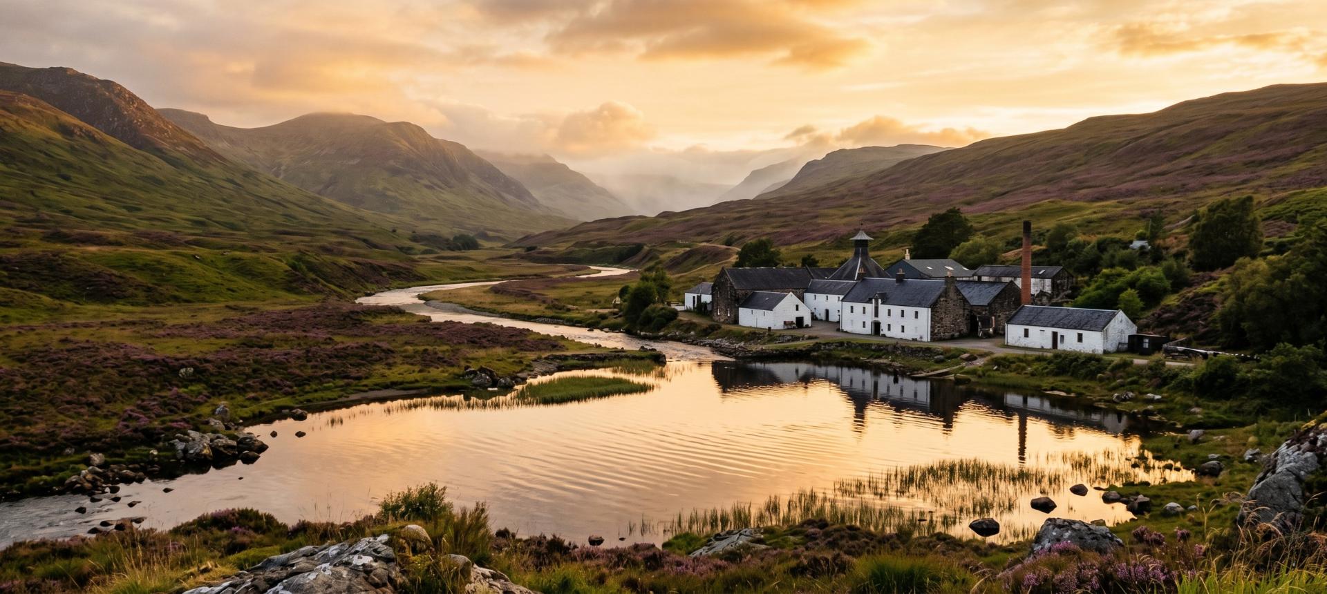 Scenic view of a village by a lake with mountains in the background during sunset.