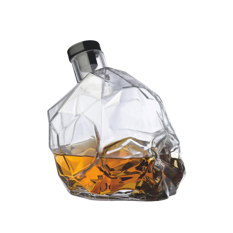 NUDE Memento Mori skull shaped whisky bottle filled side view