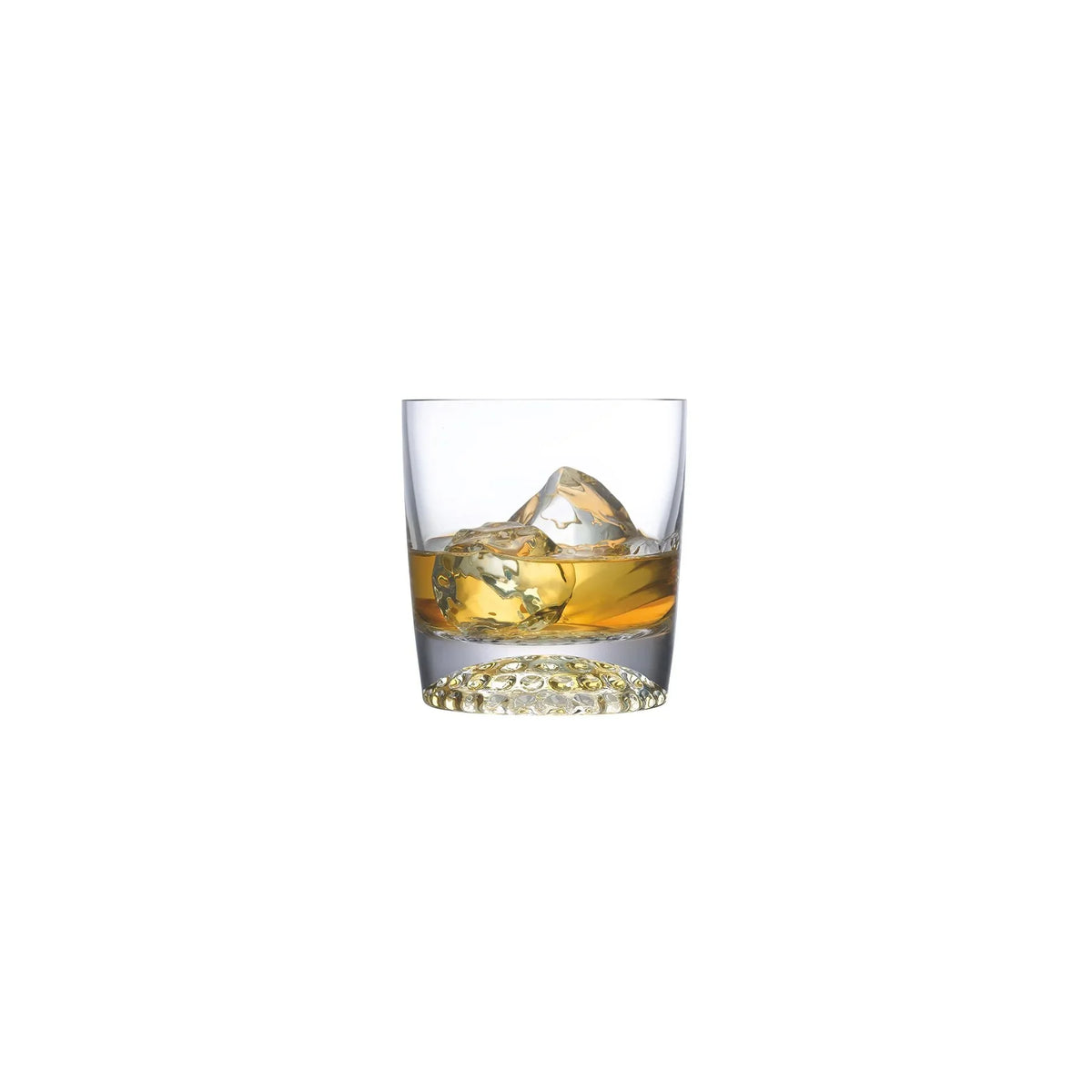 NUDE Ace whisy glass with golf pattern on the bottom filled with whisky