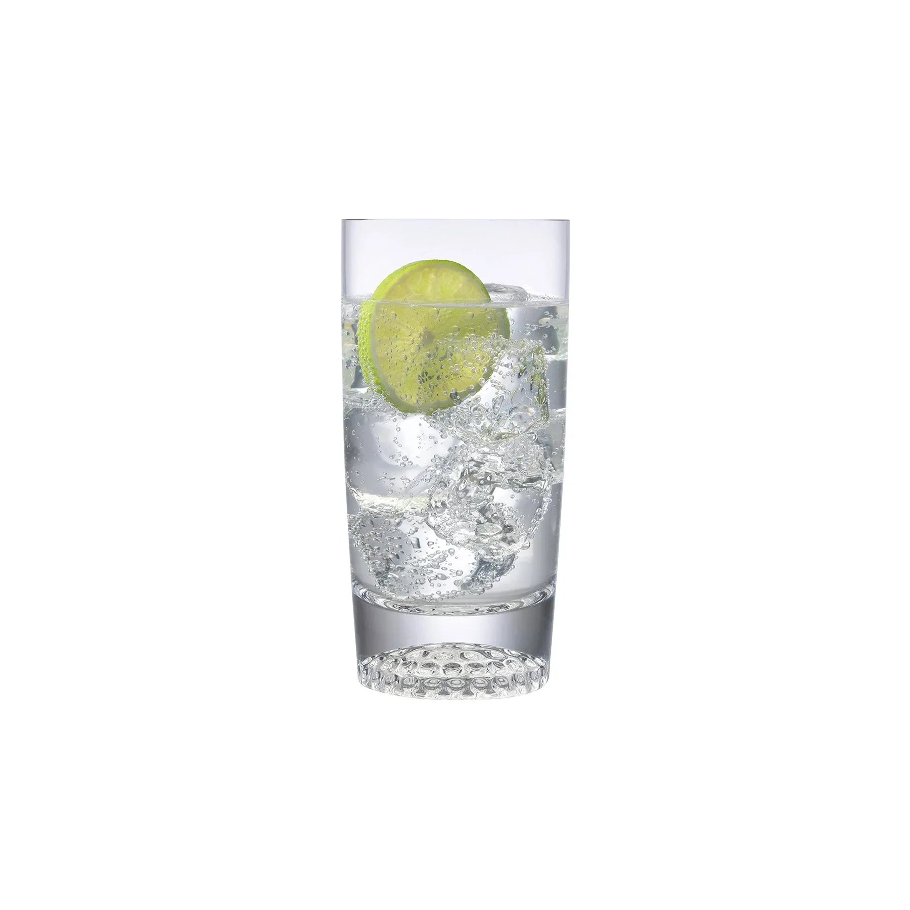 NUDE Ace high ball glasses with golf pattern on the bottom filled with sparkling drink