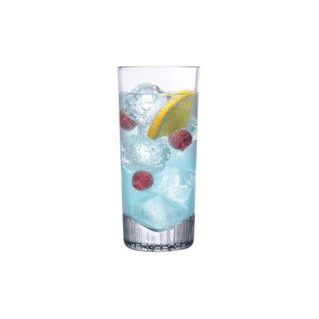 NUDE Caldera high ball glass filled with a light blue cocktail