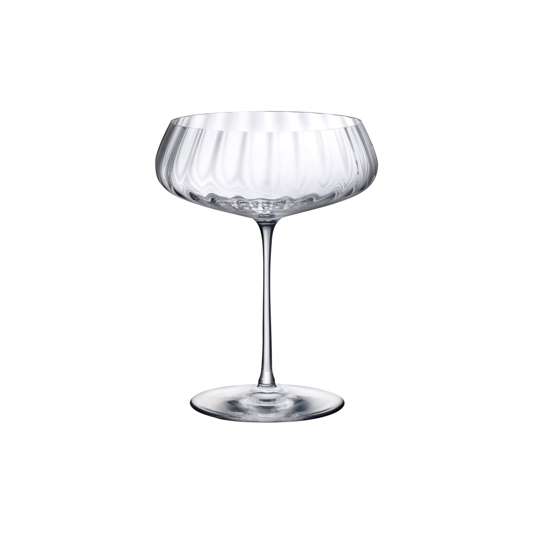 NUDE Round Up coupe glass, a lead-free crystal flute glass with a rounded rippled design in wide coupe shape, presented on white background