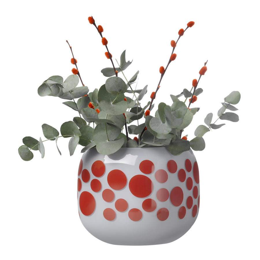 Mono Box Vase Iris Apfel Red Dotted with Eucalyptus leaves