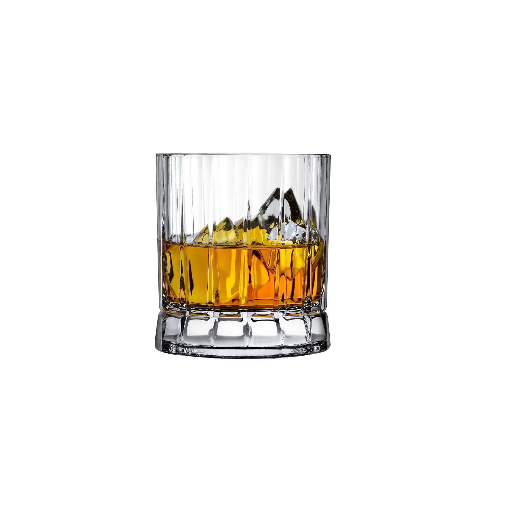 A clear double old-fashioned whiskey glass filled with ice and a golden-brown liquid, showcasing vertical ridges on its surface.